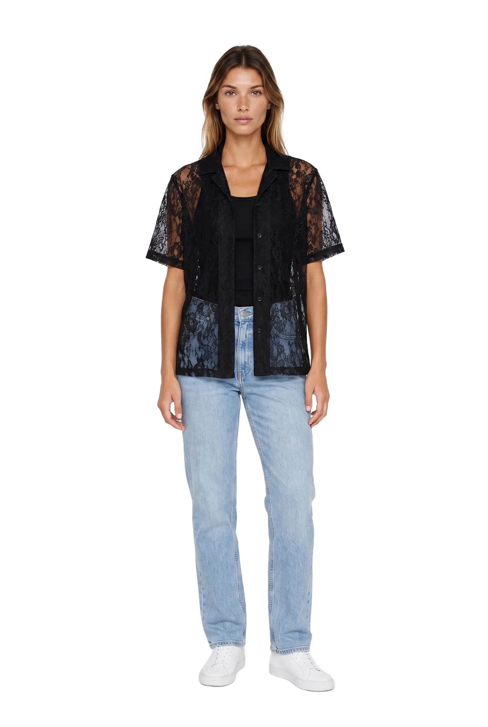 Black Lace Camp Collar Shirt