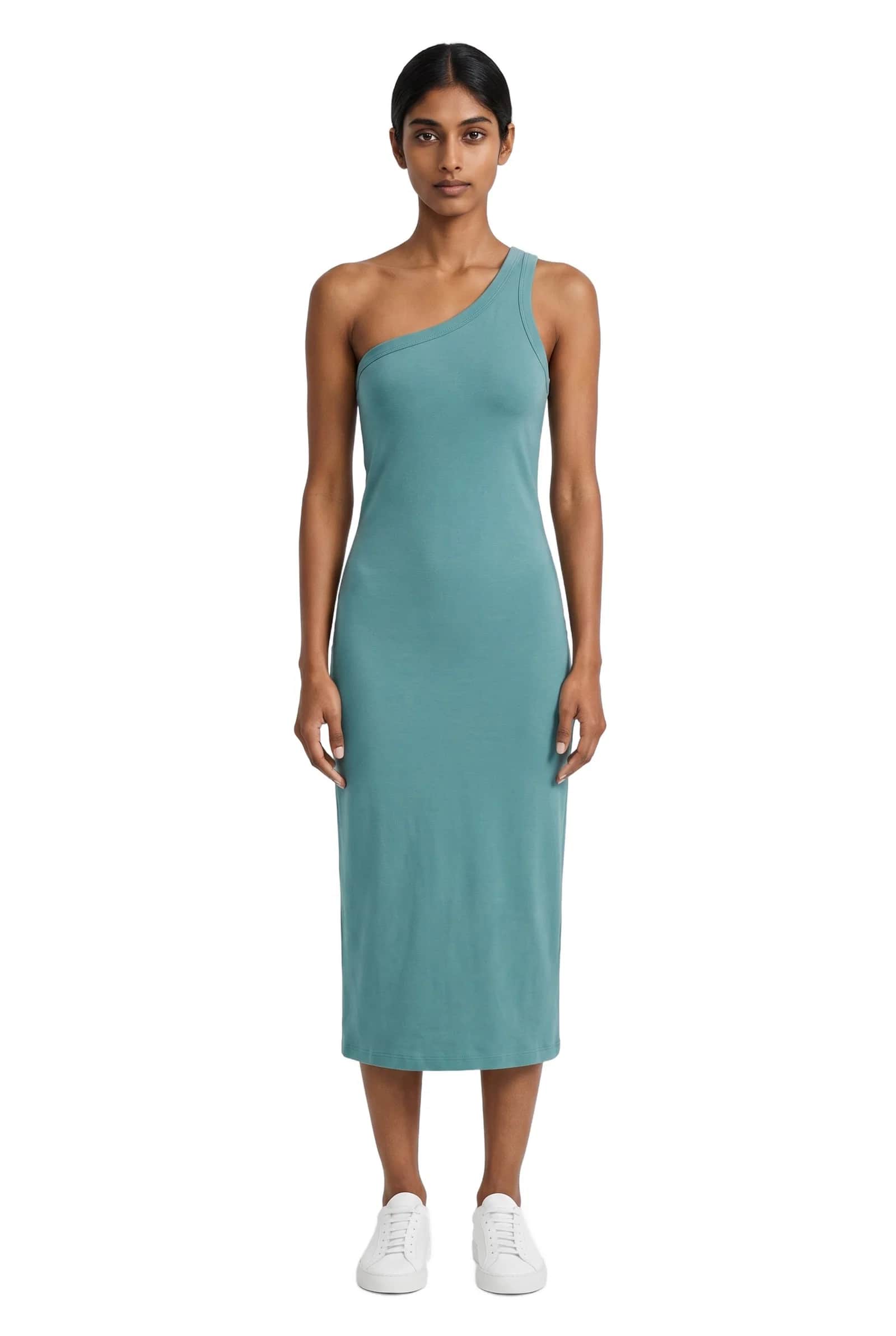 Teal One-Shoulder Ribbed Midi Dress