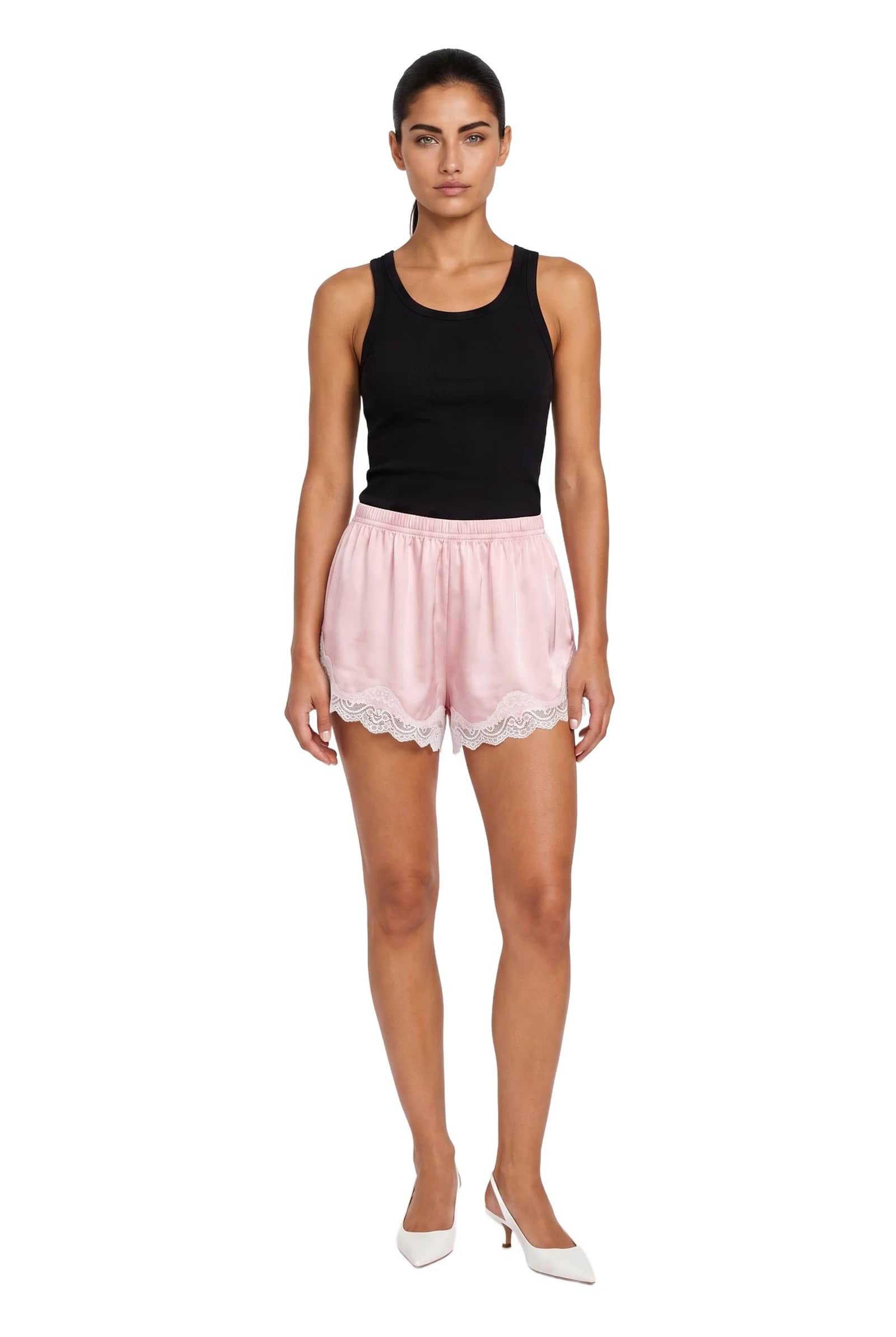 Pink Satin Lace-Trim Shorts