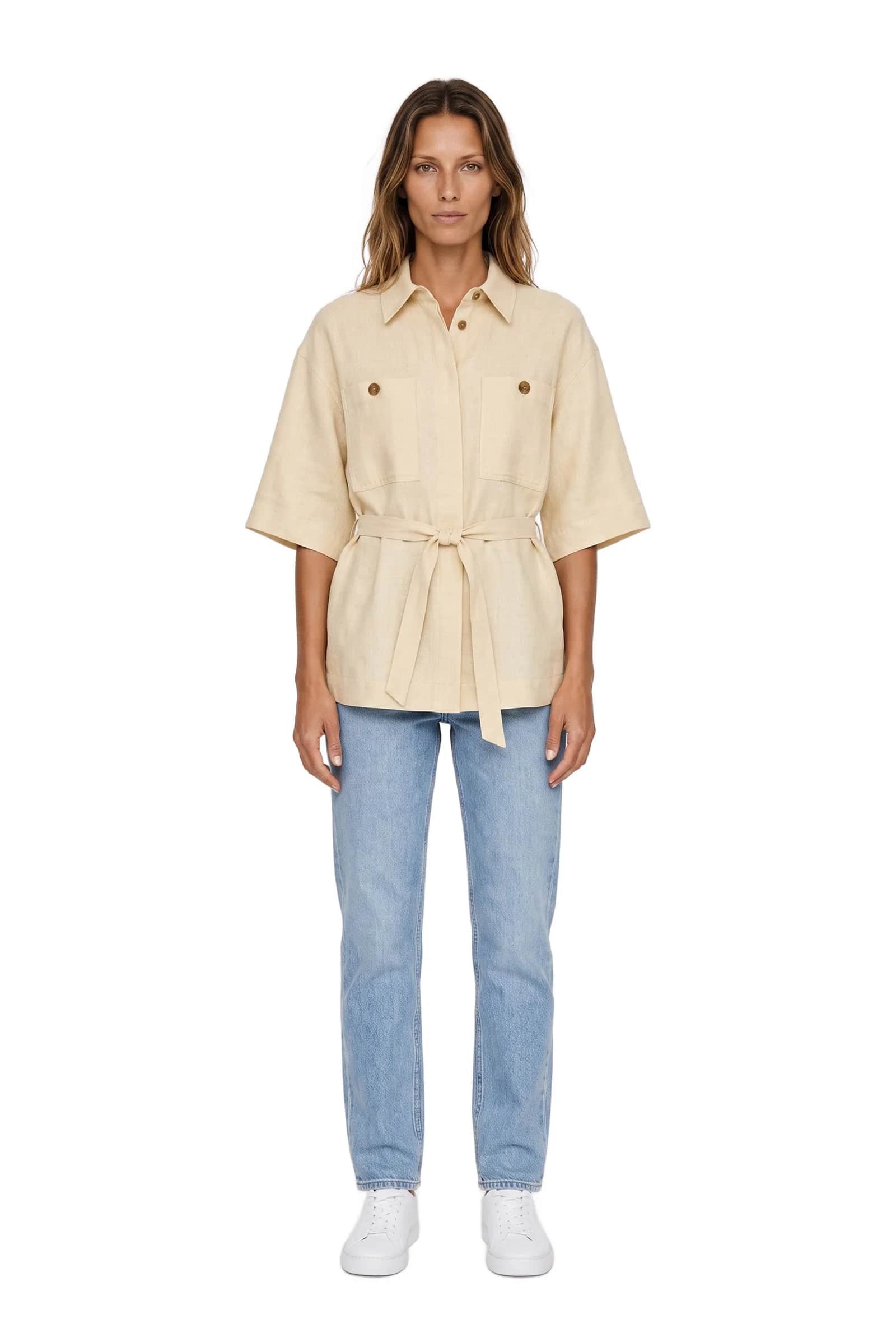 Beige Linen Button-Down Shirt