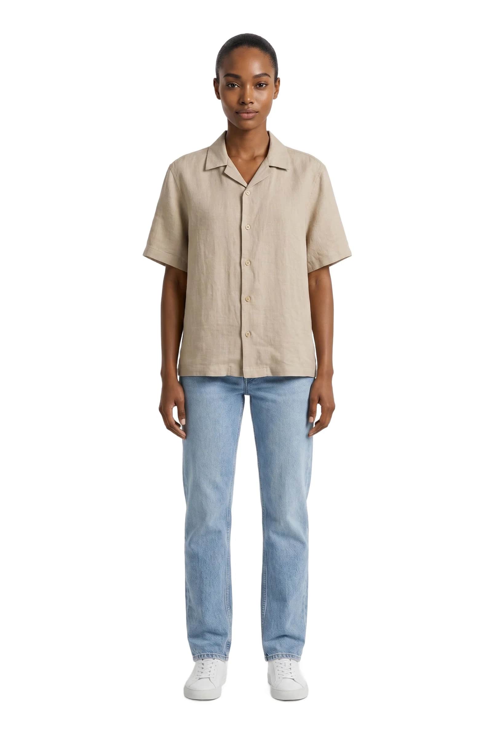 neutral beige Linen Short Sleeve Shirt