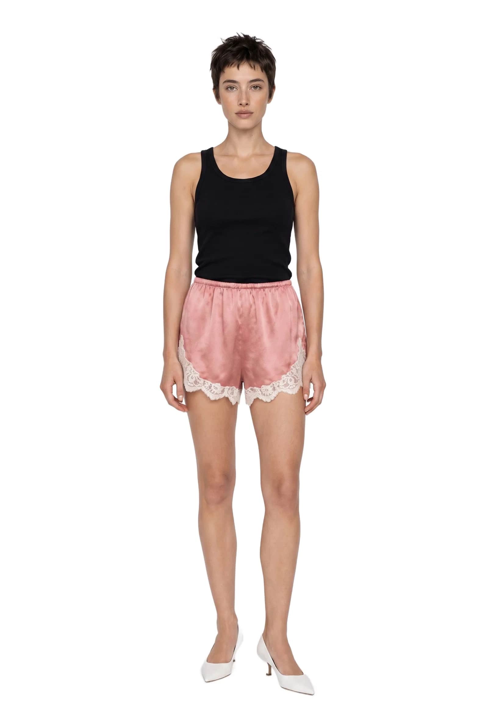 Pink Satin Lace-Trim Shorts