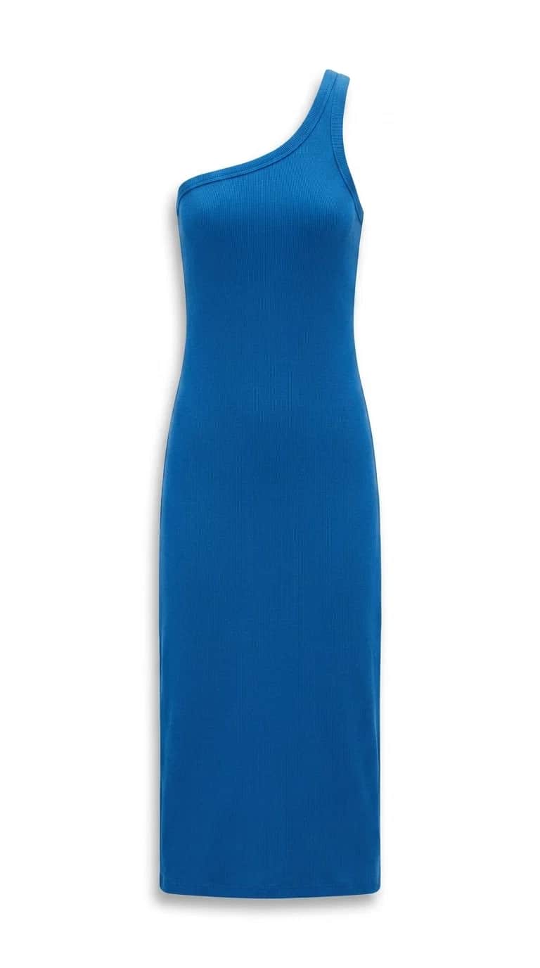 Blue One-Shoulder Ribbed Midi Dress
