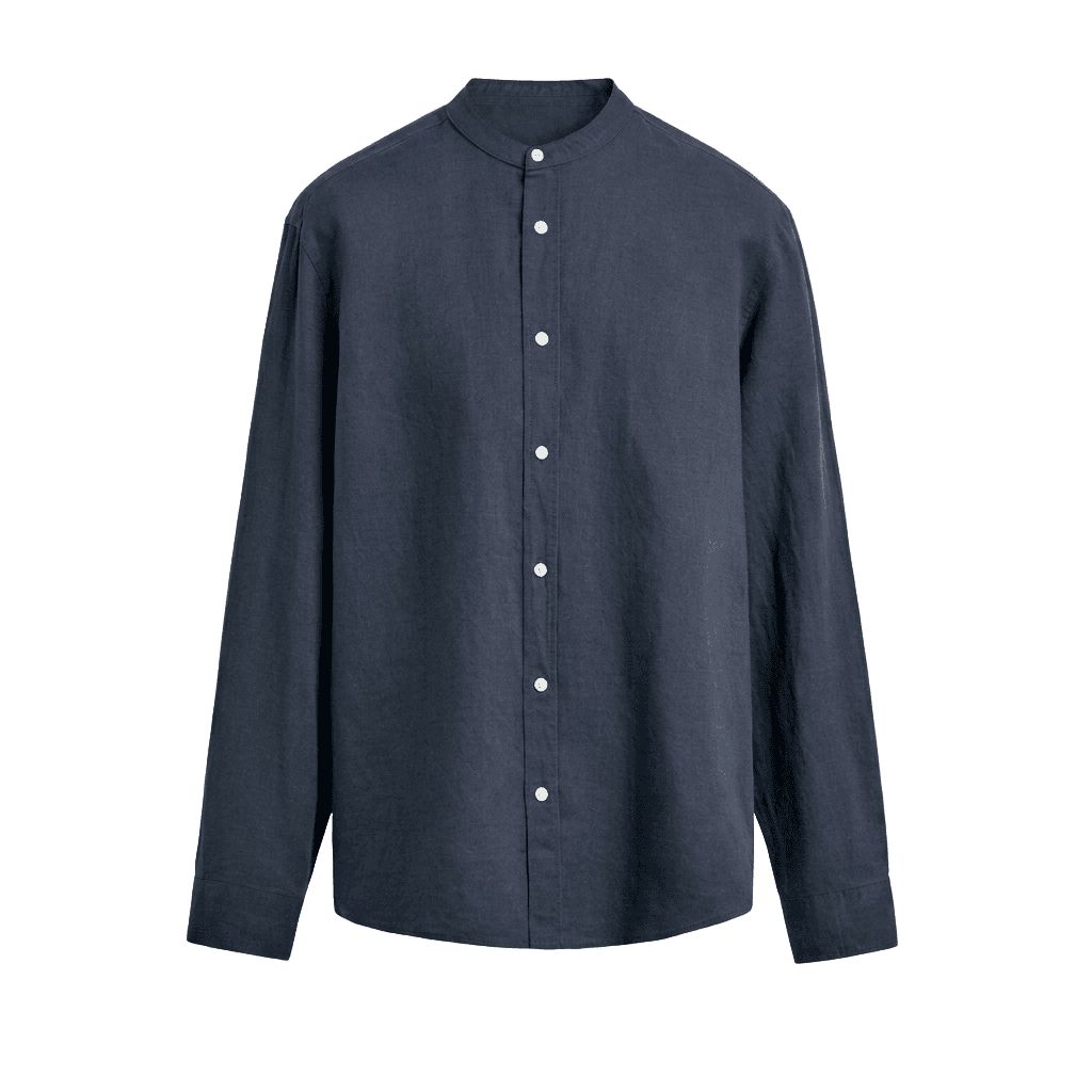 Navy Linen Mandarin Collar Shirt