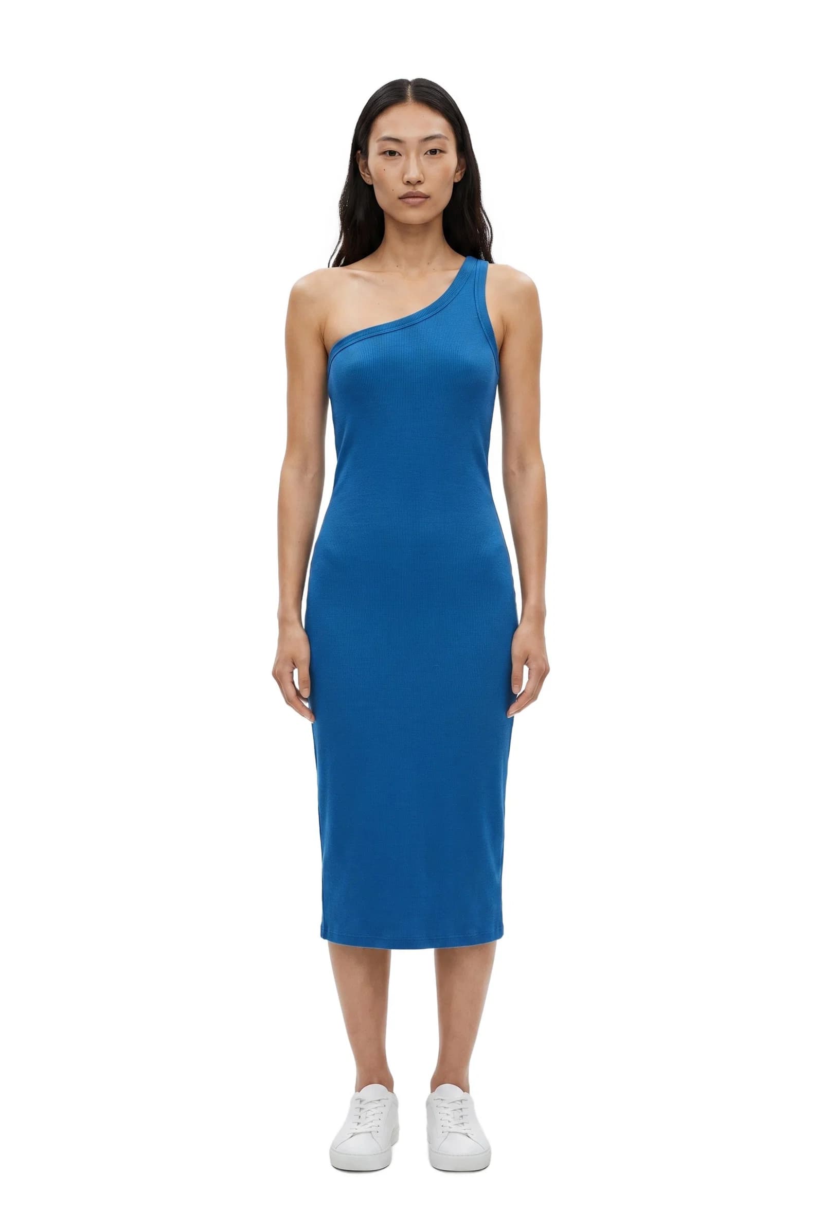 Blue One-Shoulder Ribbed Midi Dress