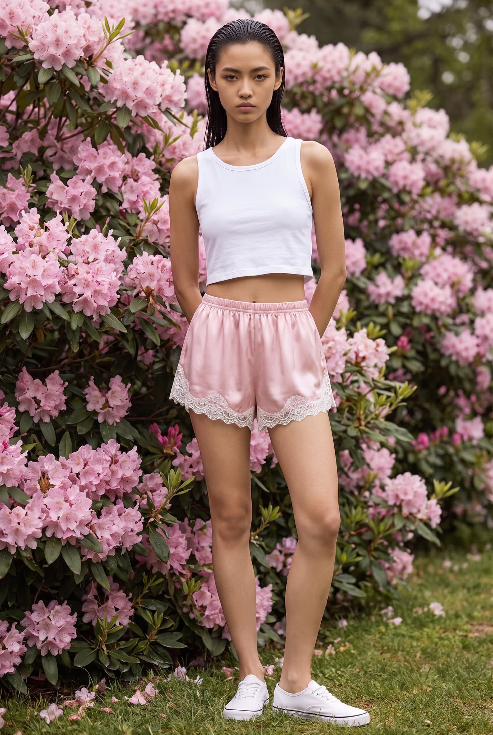 Pink Satin Lace-Trim Shorts