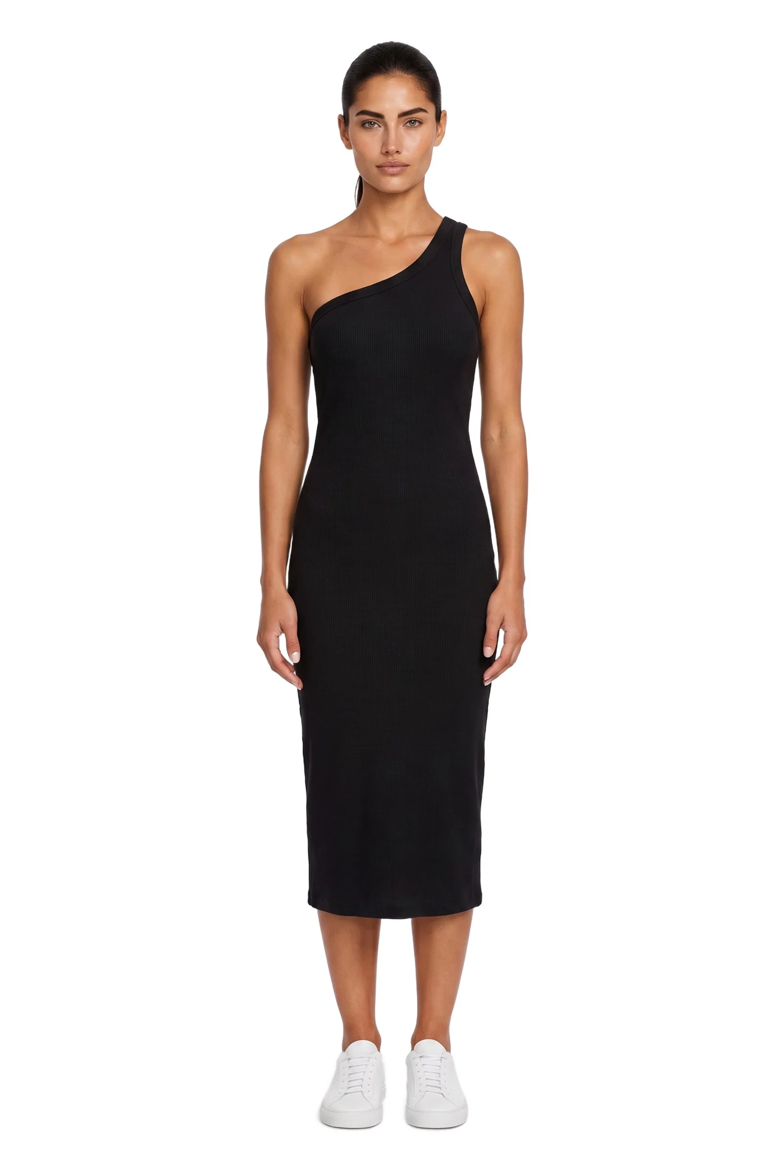 Black One-Shoulder Cotton Midi Dress