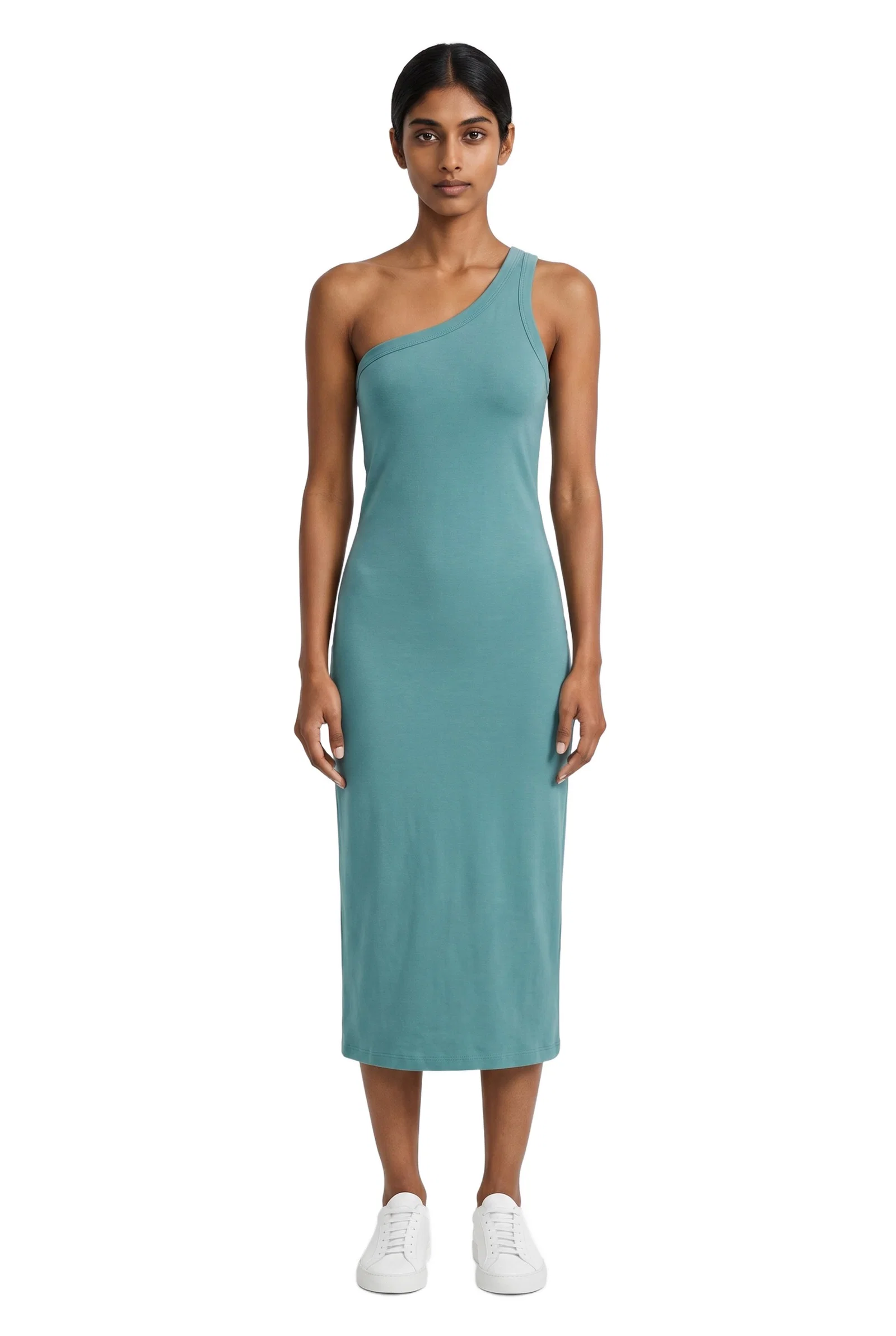 Teal One-Shoulder Ribbed Midi Dress