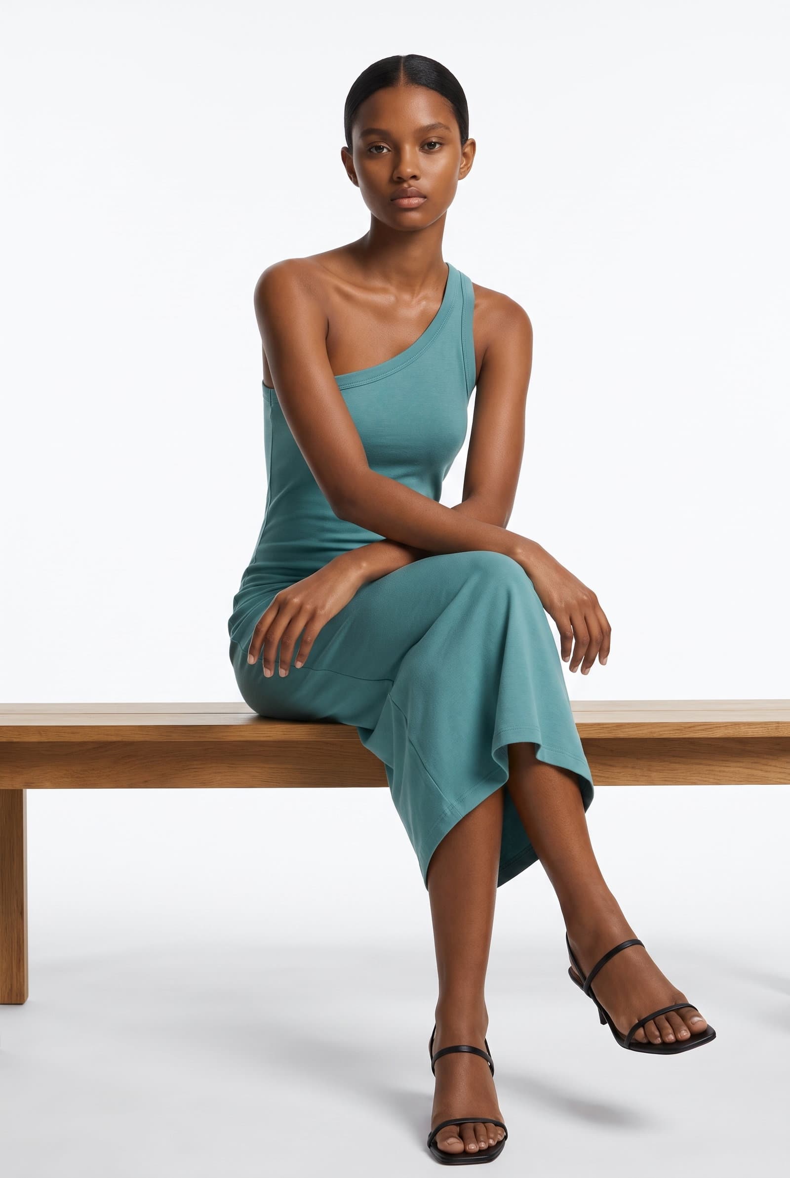 Teal One-Shoulder Ribbed Midi Dress