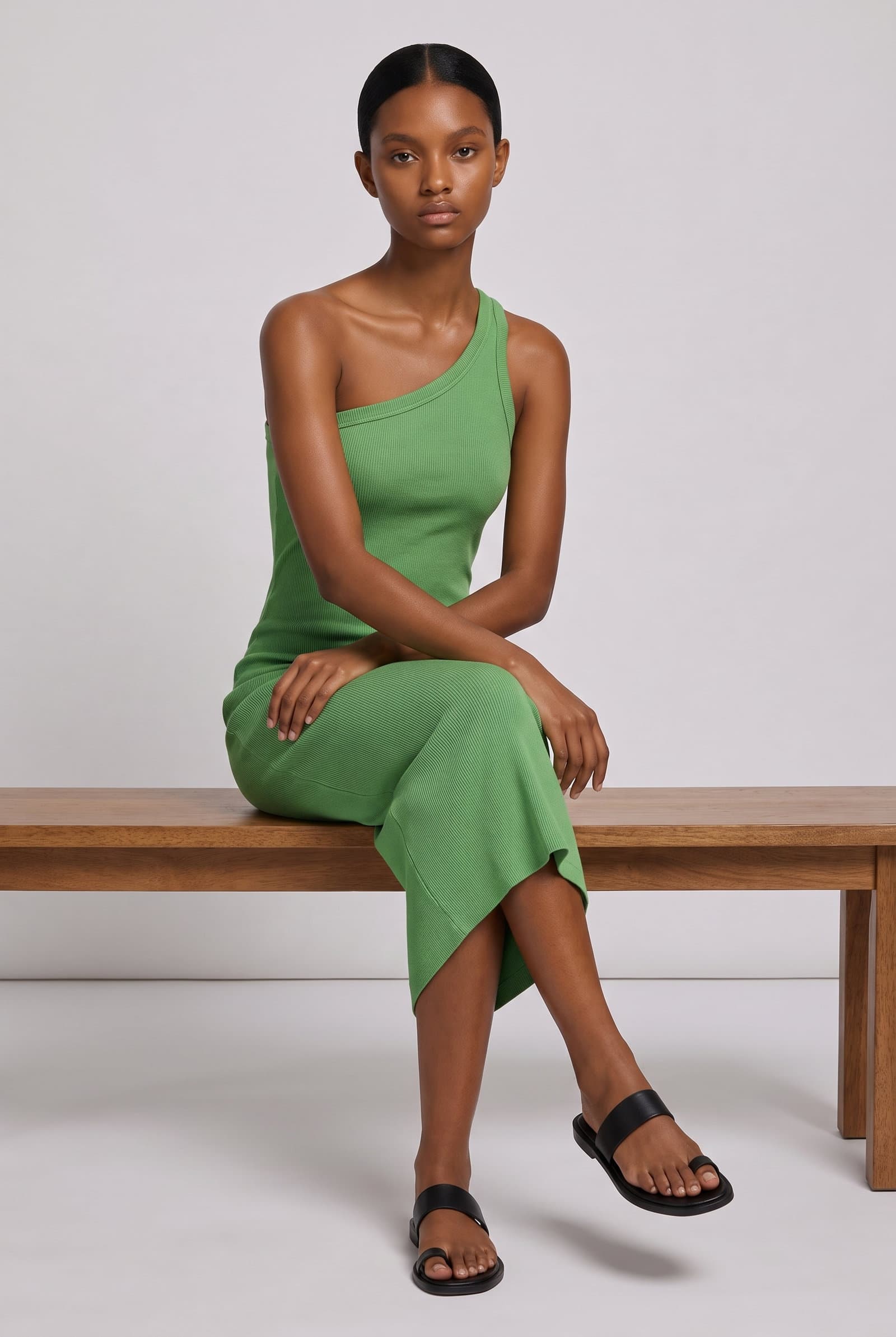 Green One-Shoulder Ribbed Dress
