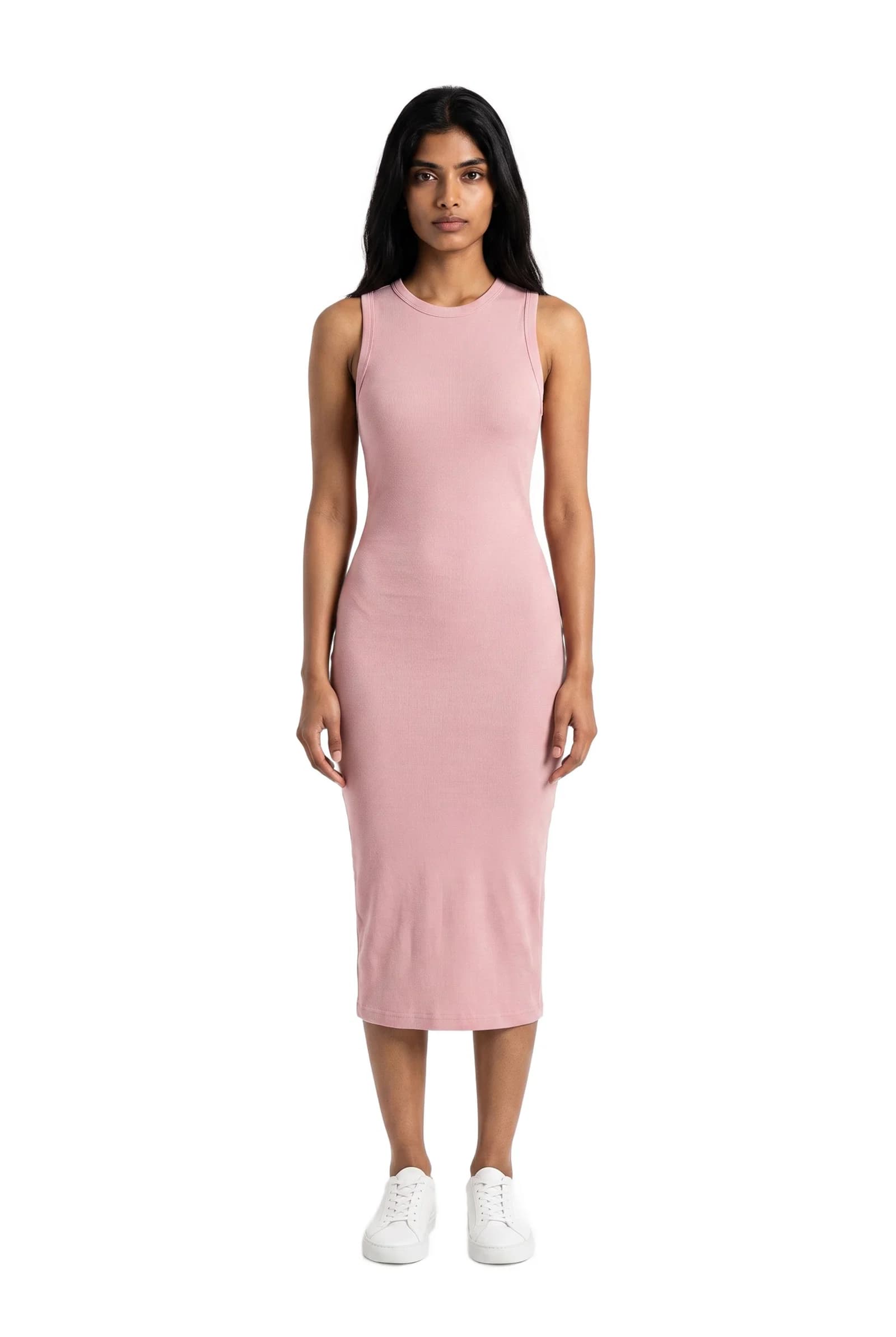 Light Pink Ribbed Sleeveless Midi Dress