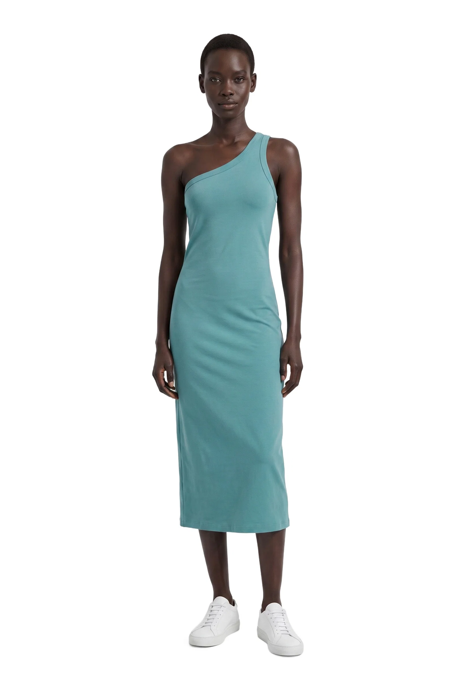Teal One-Shoulder Ribbed Midi Dress