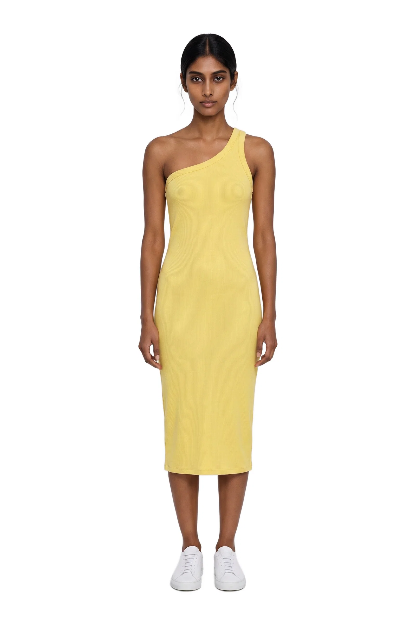 Yellow Ribbed One-Shoulder Dress