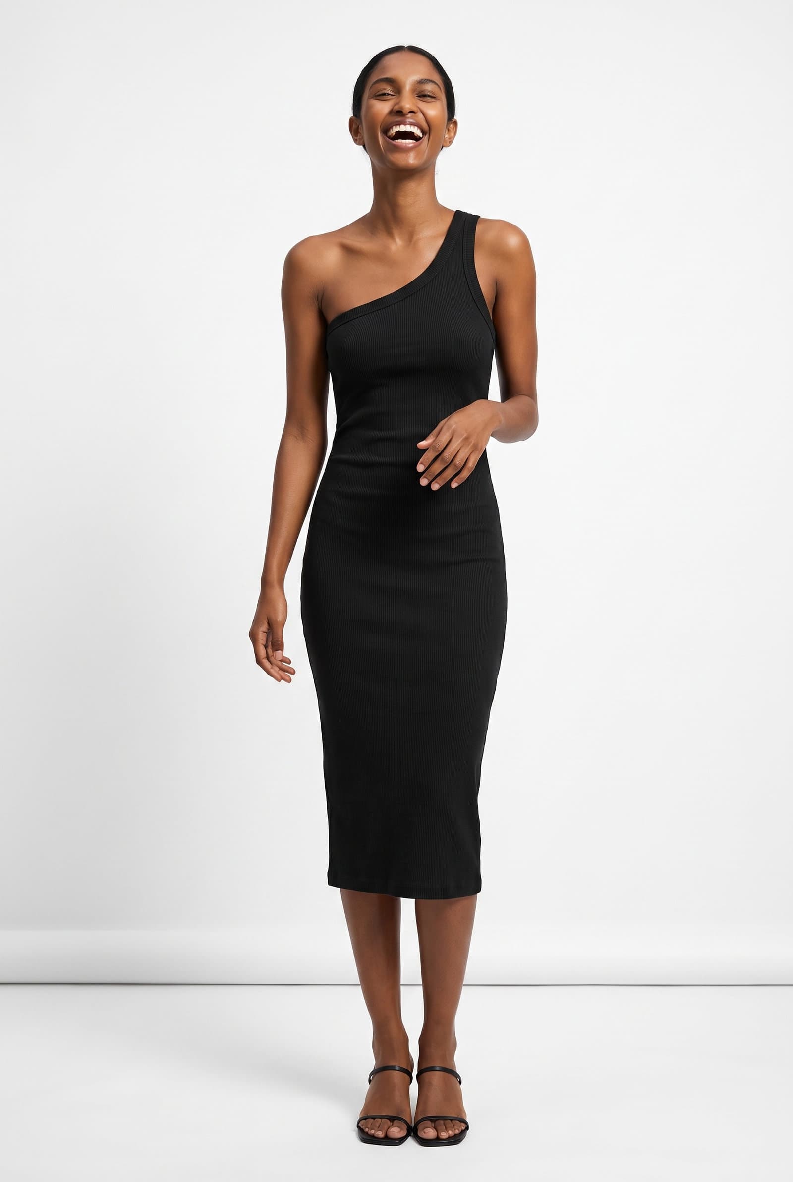 Black One-Shoulder Cotton Midi Dress