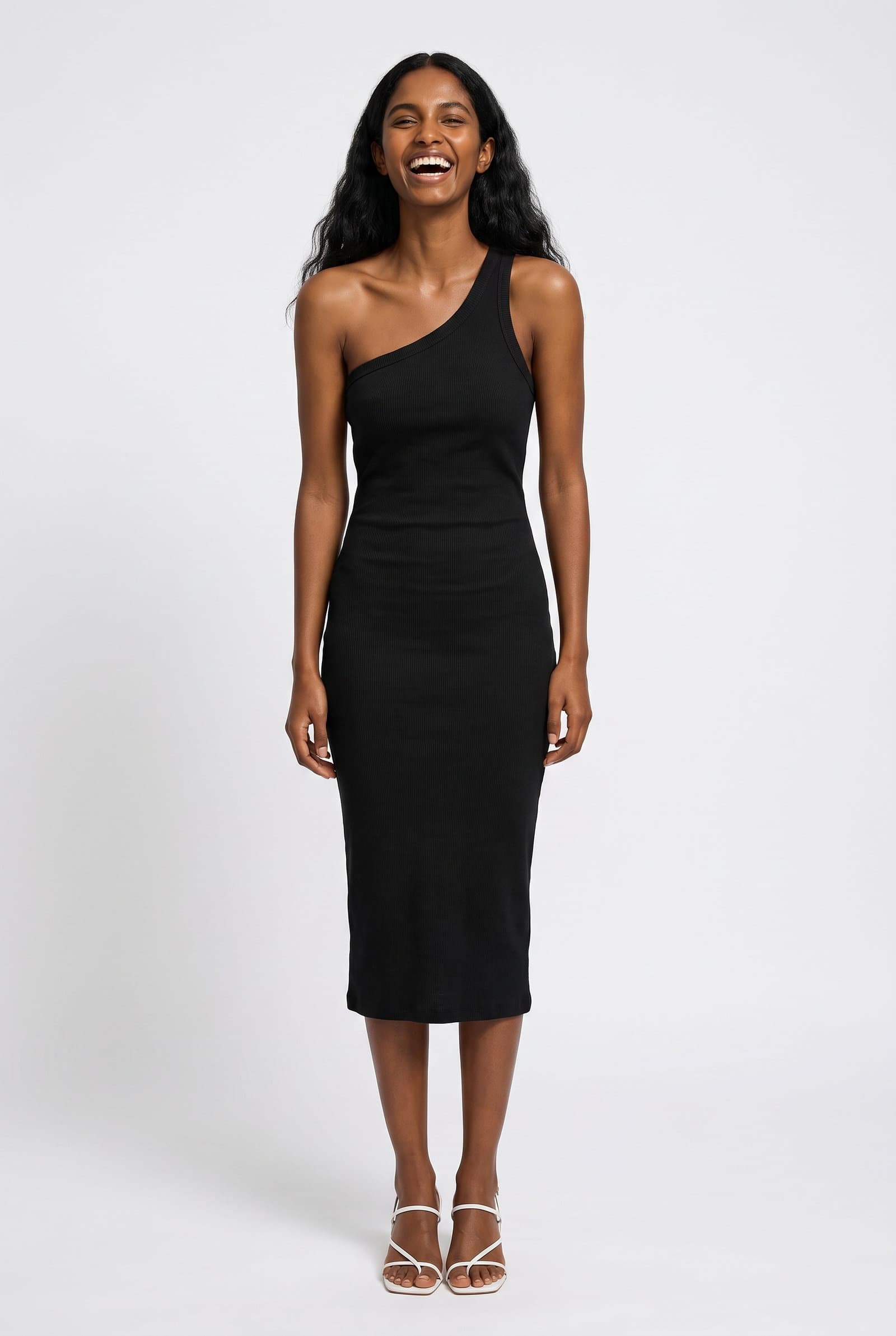 Black One-Shoulder Cotton Midi Dress