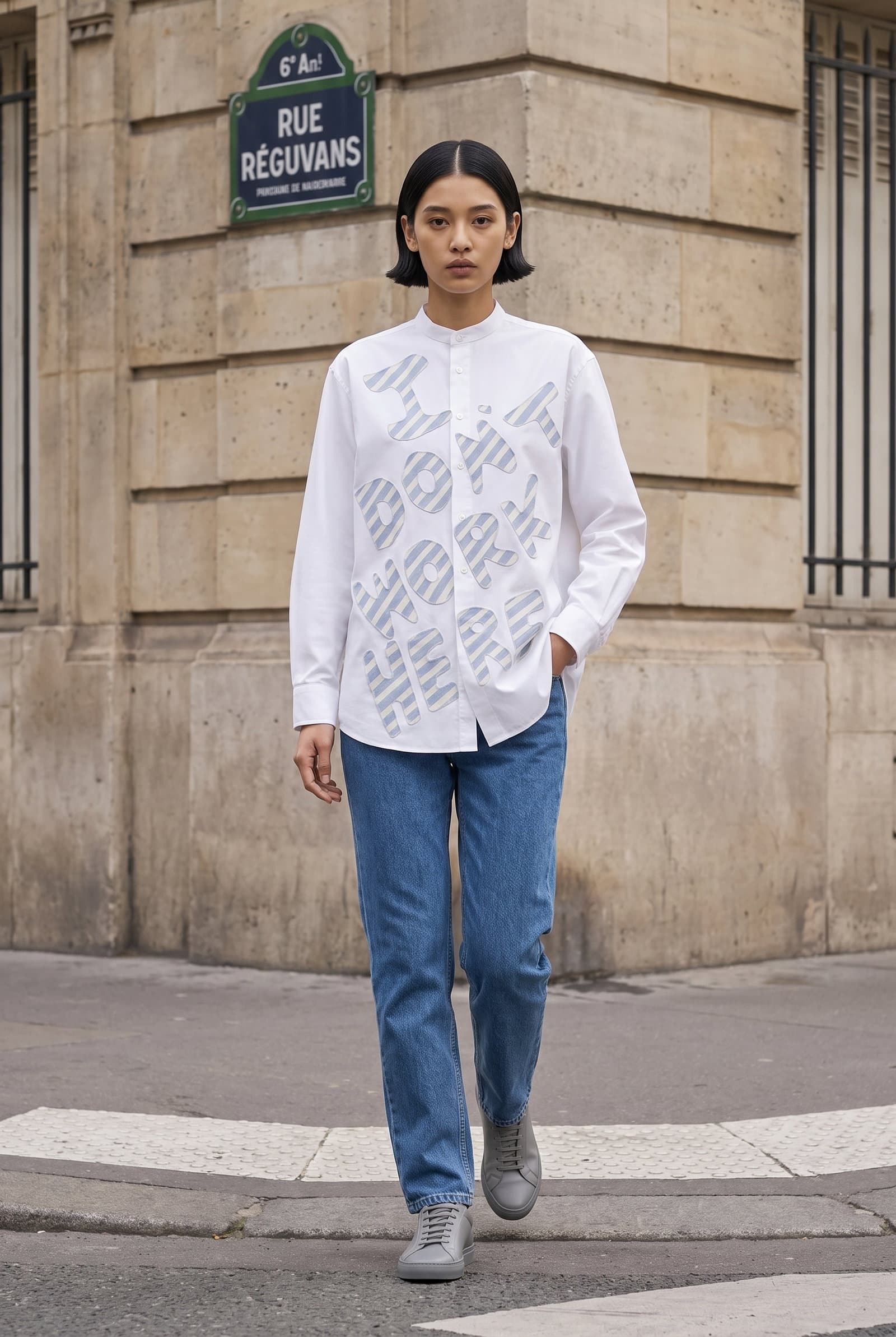 White Applique Band Collar Shirt