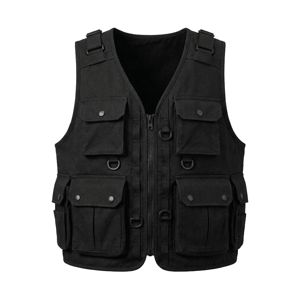Black Tactical Cargo Vest with D-Ring Details